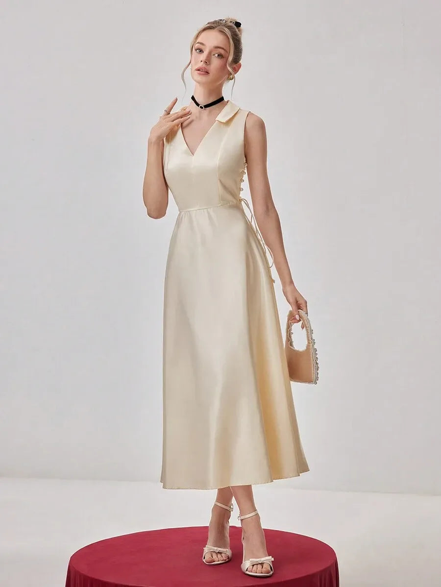 Elegant A-Line V-Neck Sleeveless Zip-Back Satin Midi Wedding Guest Dress