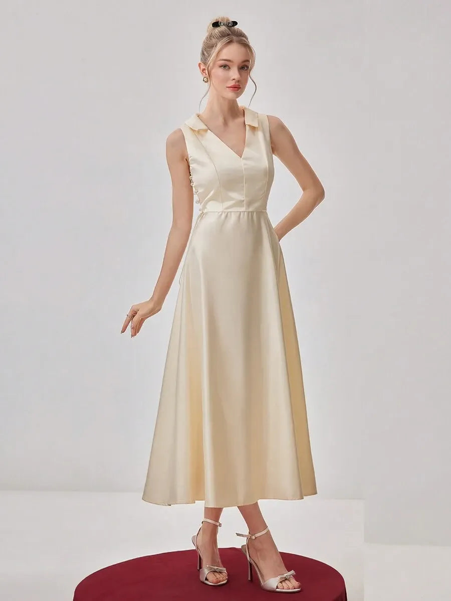 Elegant A-Line V-Neck Sleeveless Zip-Back Satin Midi Wedding Guest Dress