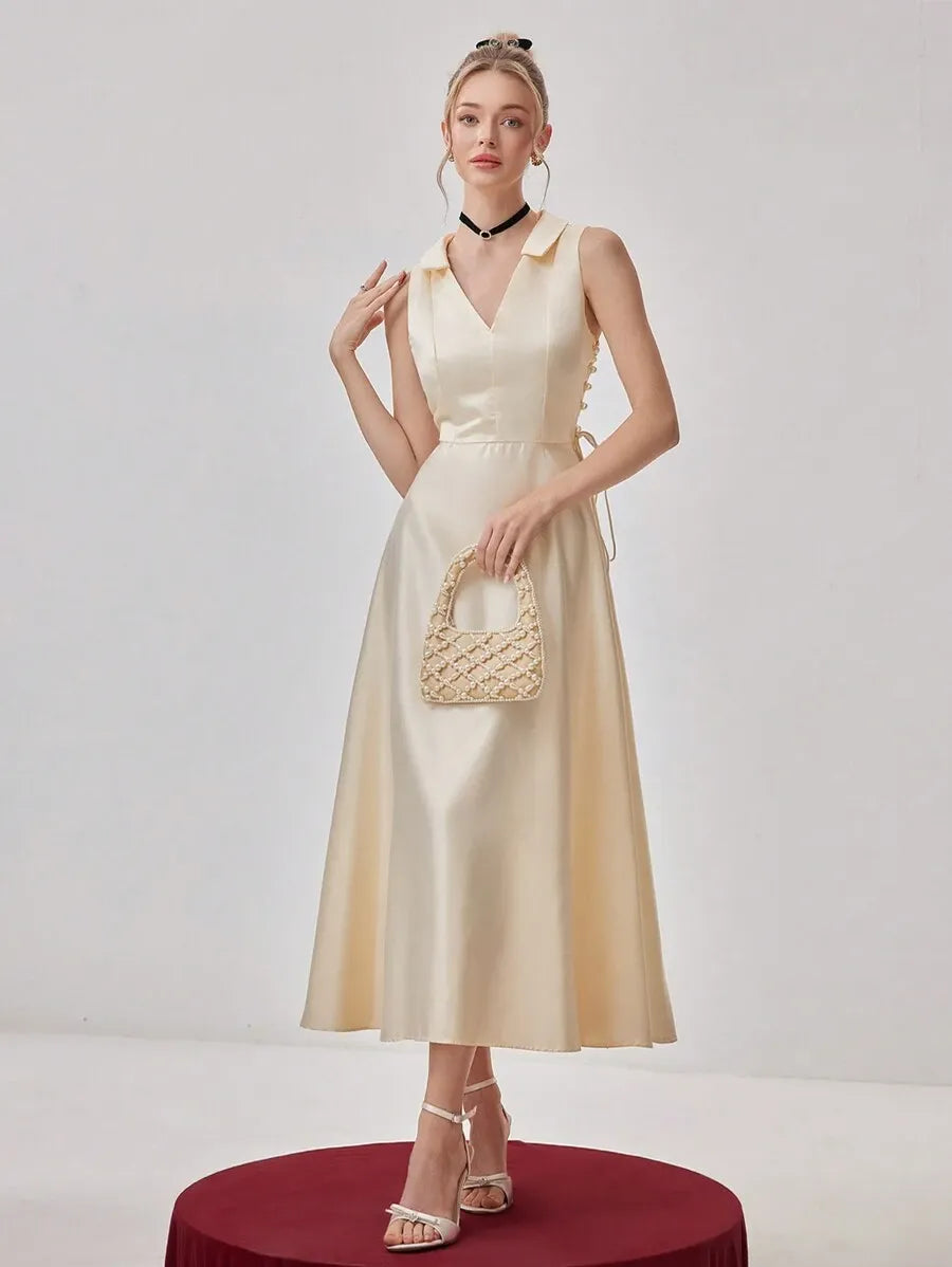 Elegant A-Line V-Neck Sleeveless Zip-Back Satin Midi Wedding Guest Dress