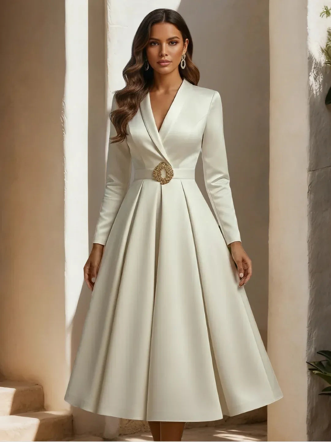 Loverlm ivory V-neck long sleeve A-line tea length cocktail dress front view