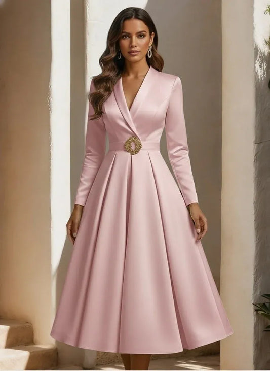 Elegant A-Line V-Neck Long Sleeve Closed Back Tea-Length Cocktail Dress