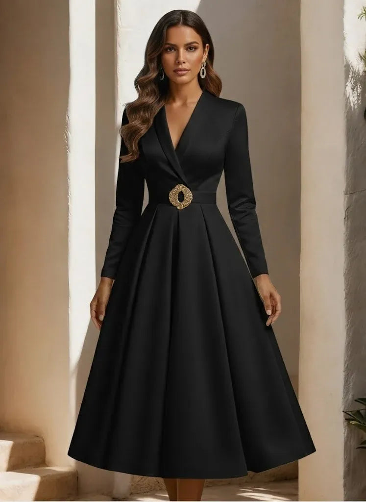 Elegant A-Line V-Neck Long Sleeve Closed Back Tea-Length Cocktail Dress