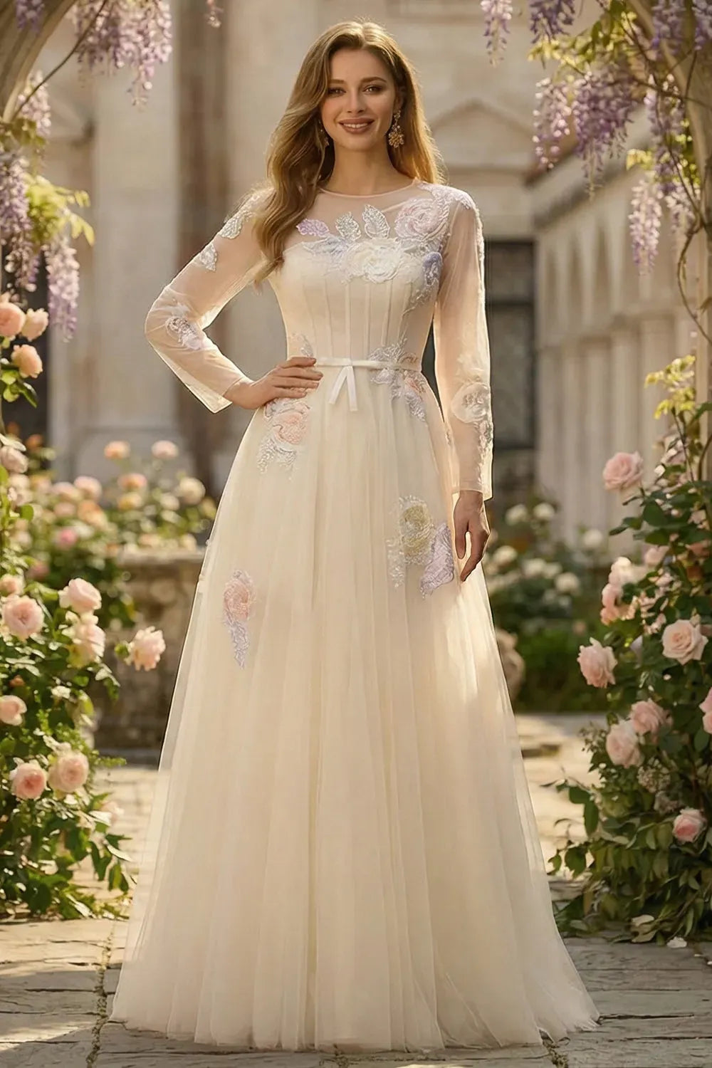Loverlm ivory yellow floral tulle prom dress with illusion neckline, sheer long sleeves, embroidered corset bodice and flowing A-line skirt