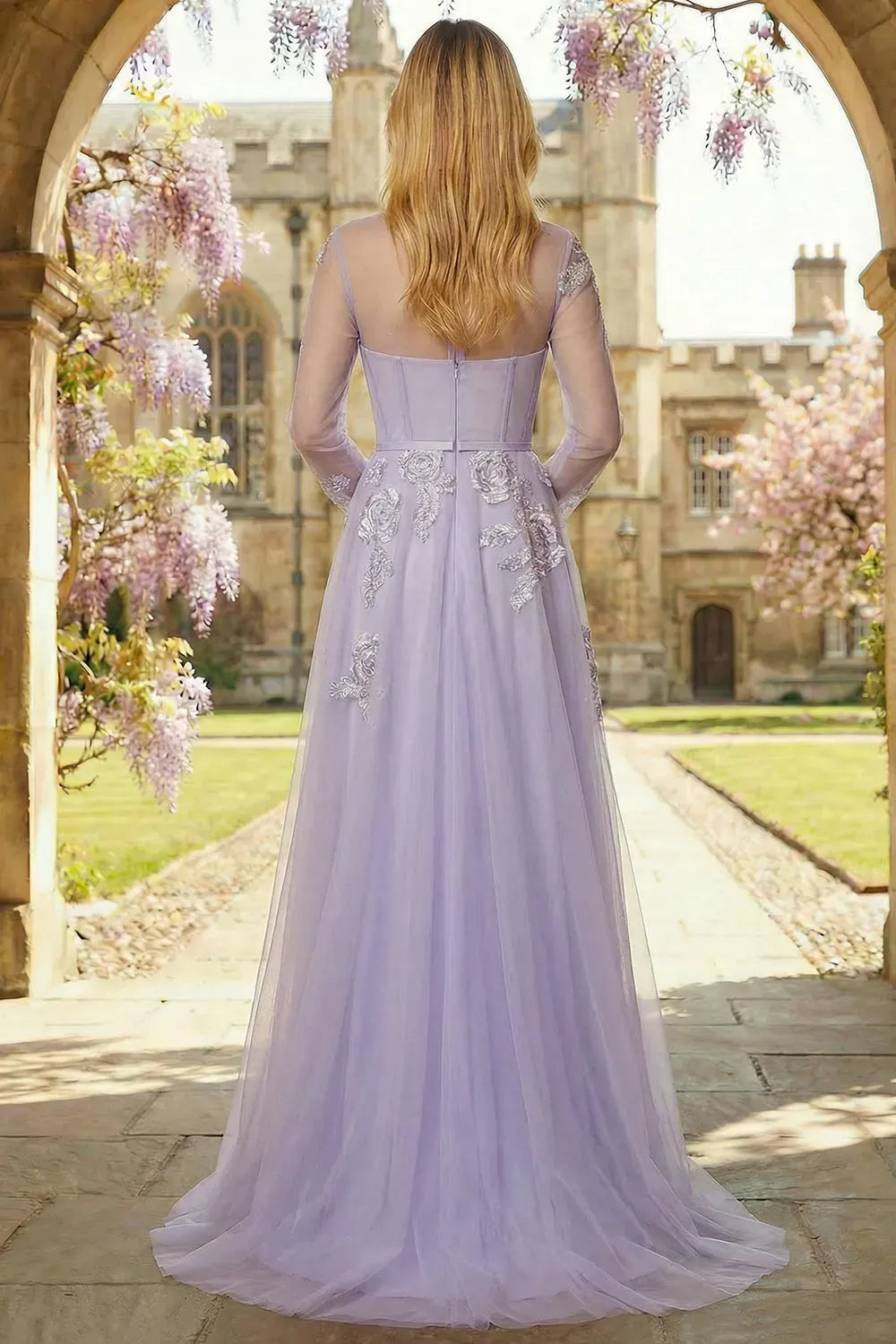 Romantic A-Line Illusion Neckline Long Sleeve Zipper Back Floor Length Prom Dress