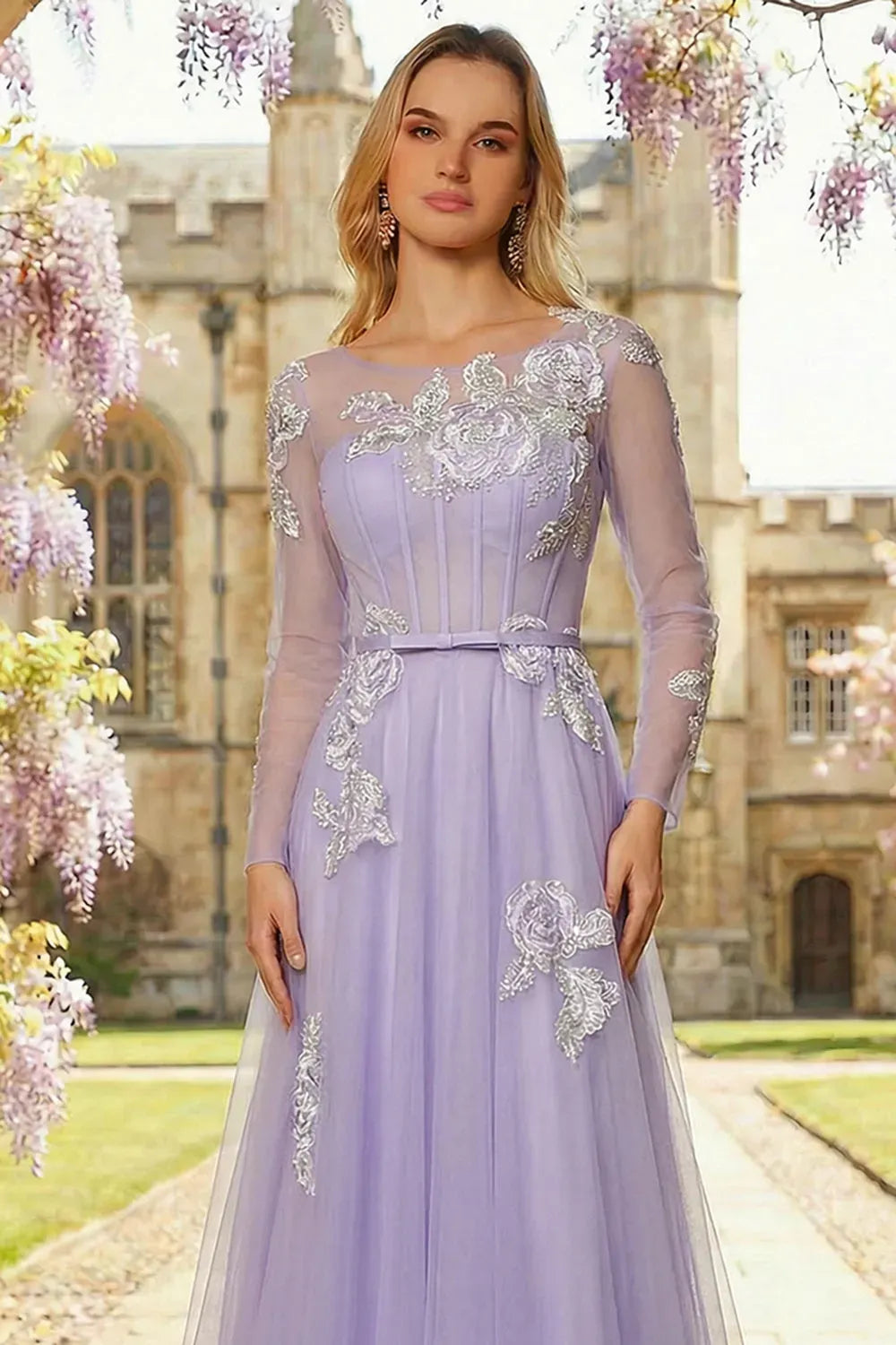 Romantic A-Line Illusion Neckline Long Sleeve Zipper Back Floor Length Prom Dress
