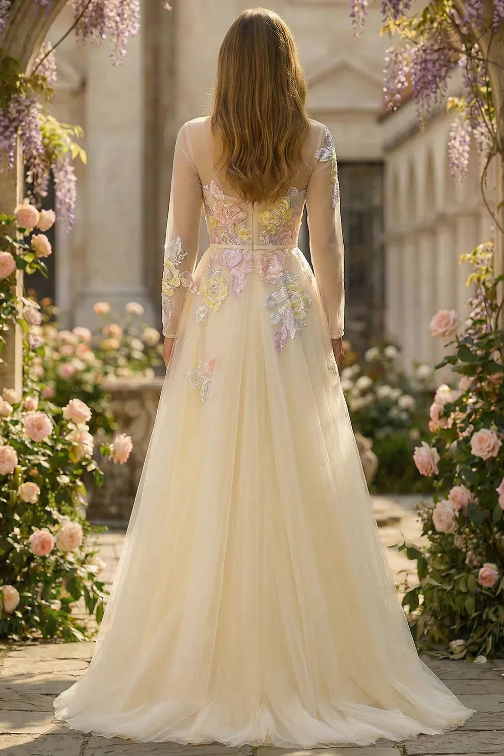 Romantic A-Line Illusion Neckline Long Sleeve Zipper Back Floor Length Prom Dress