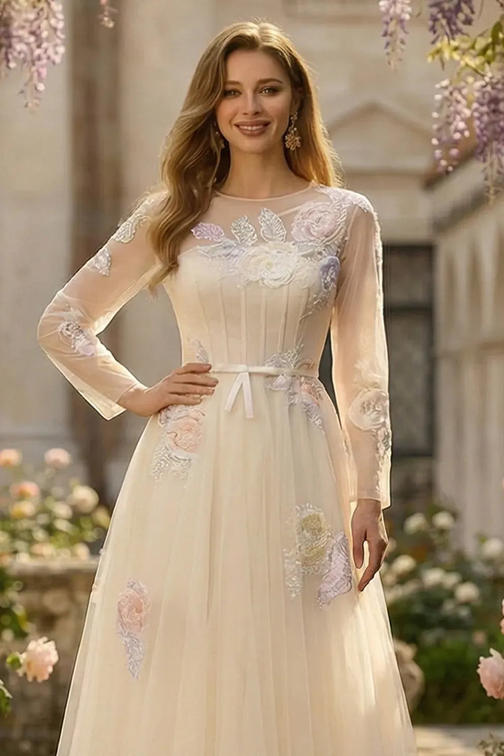 Romantic A-Line Illusion Neckline Long Sleeve Zipper Back Floor Length Prom Dress