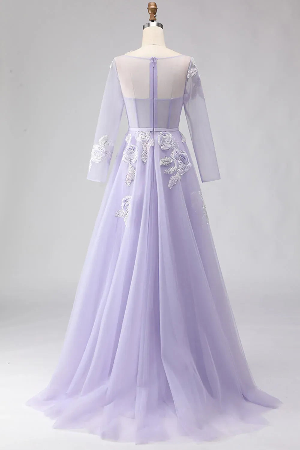 Romantic A-Line Illusion Neckline Long Sleeve Zipper Back Floor Length Prom Dress