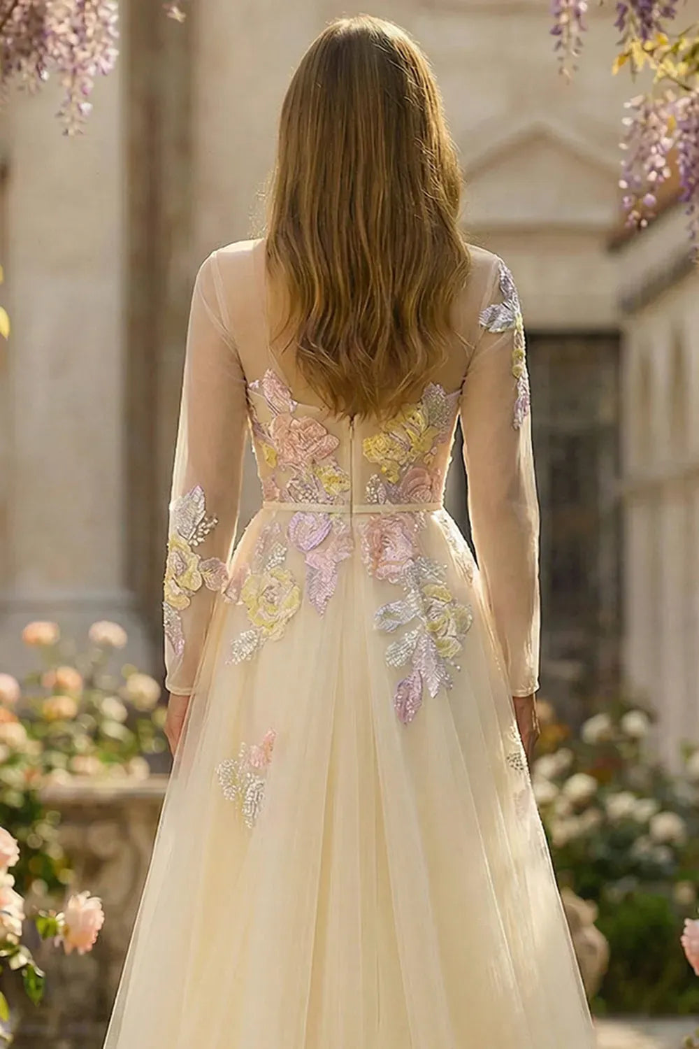 Romantic A-Line Illusion Neckline Long Sleeve Zipper Back Floor Length Prom Dress
