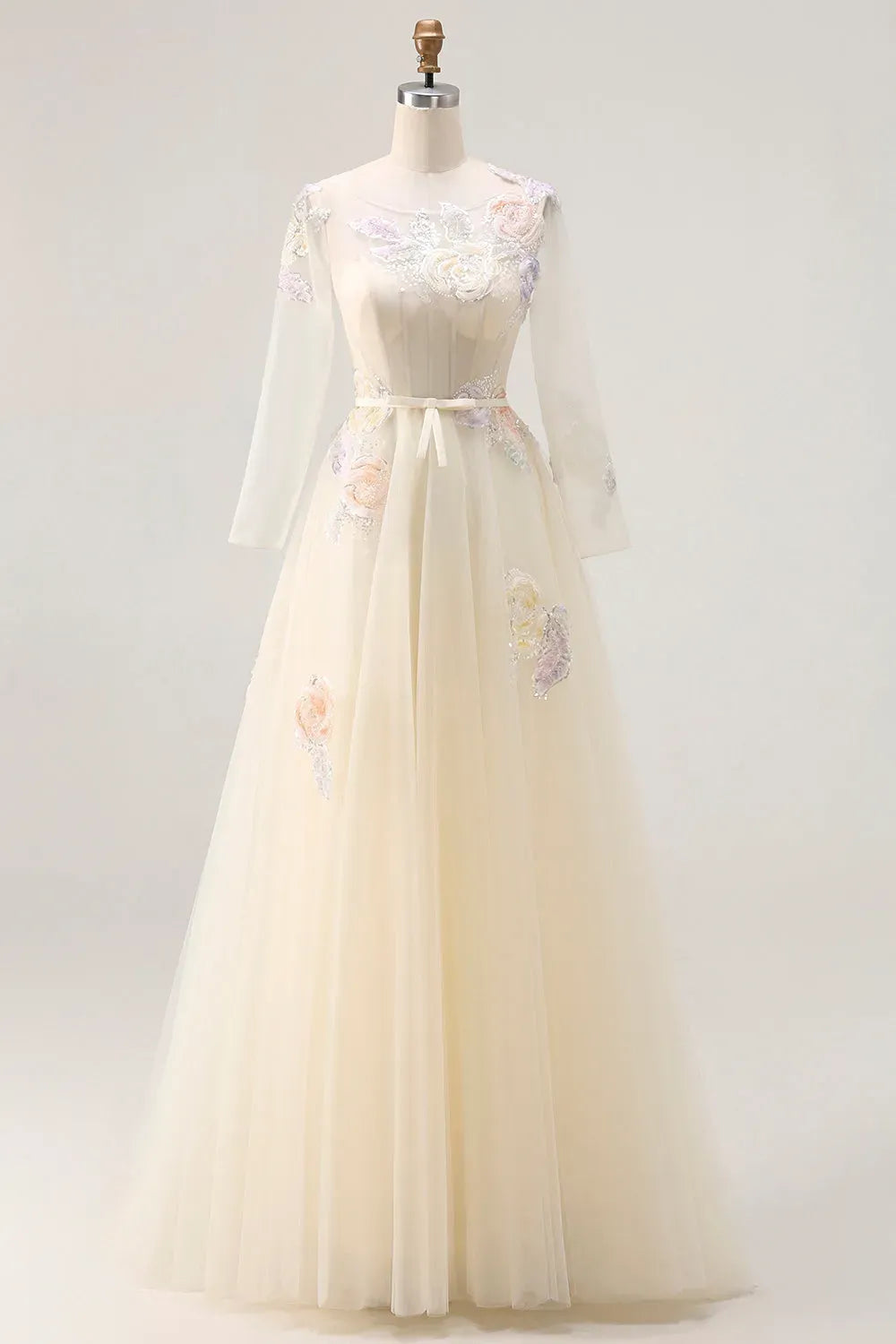 Romantic A-Line Illusion Neckline Long Sleeve Zipper Back Floor Length Prom Dress