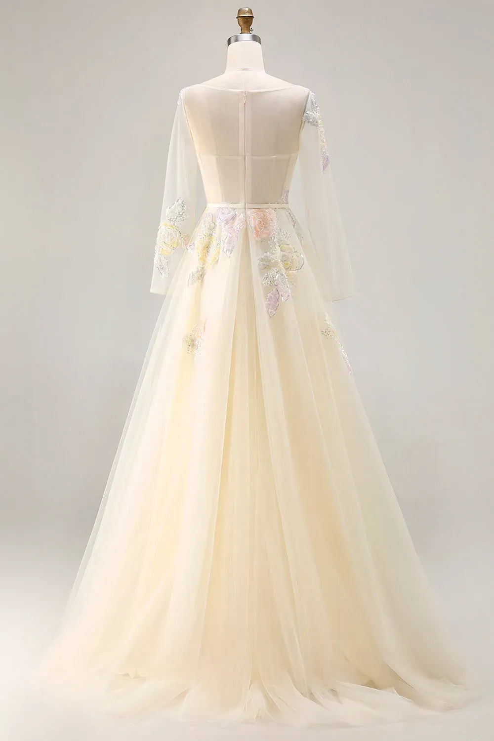 Romantic A-Line Illusion Neckline Long Sleeve Zipper Back Floor Length Prom Dress