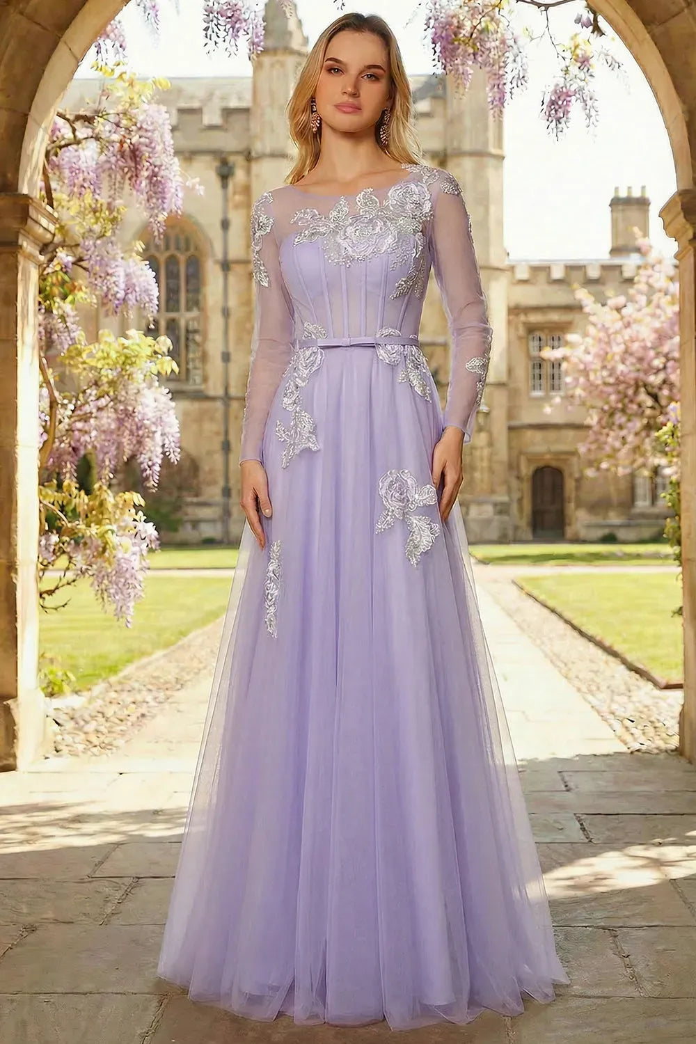 Romantic A-Line Illusion Neckline Long Sleeve Zipper Back Floor Length Prom Dress