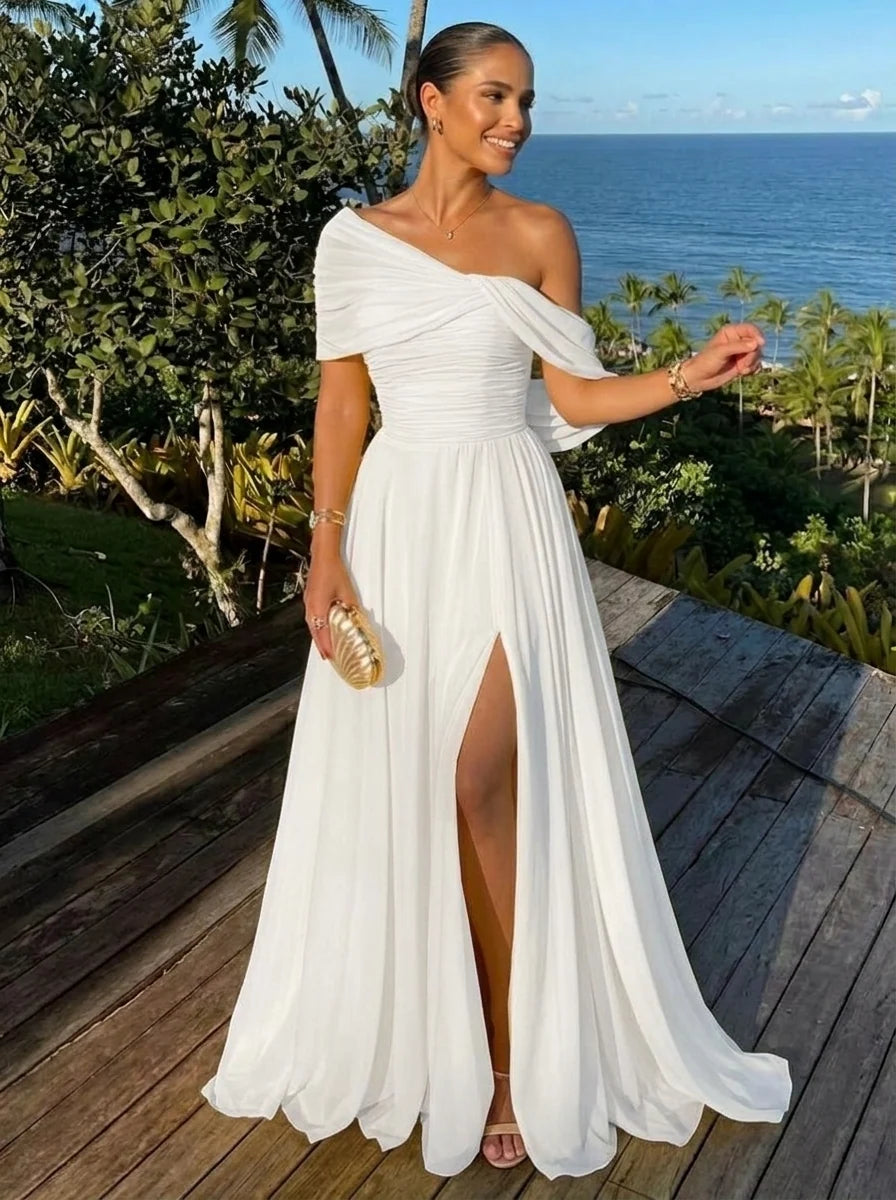 Elegant A Line One Shoulder Draped Chiffon Floor Length Prom Dress