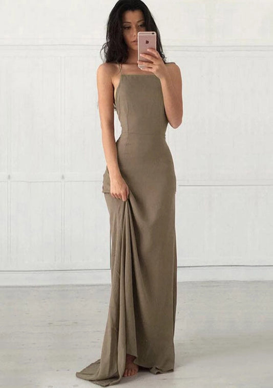 Loverlm khaki sheath prom dress with square neckline spaghetti straps fitted waist and floor length straight skirt front view