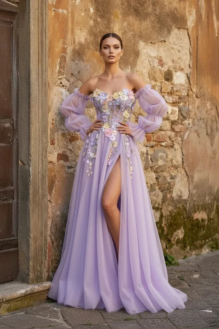 Loverlm lavender tulle A-line prom dress with 3D floral bodice, off-shoulder puff sleeves, and high slit
