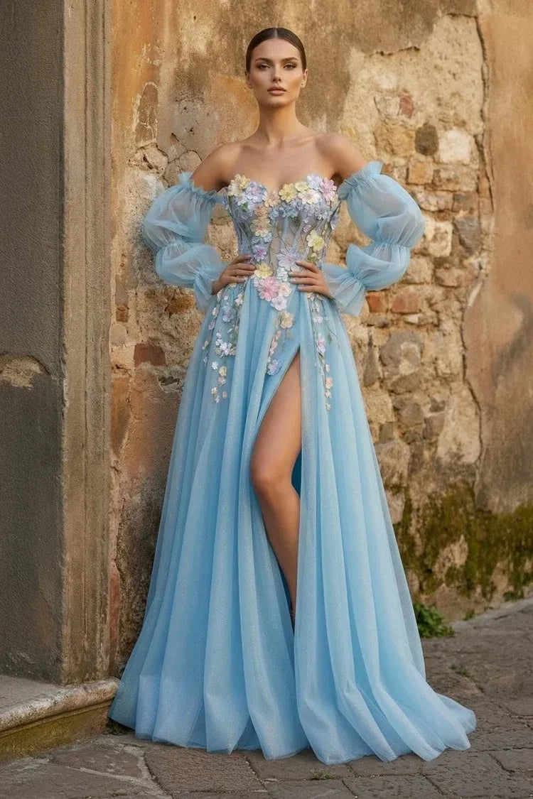 Loverlm Enchanting Lavender Tulle A-Line Sweetheart Off-Shoulder Puff-Sleeve Lace-Up Long Prom Dress