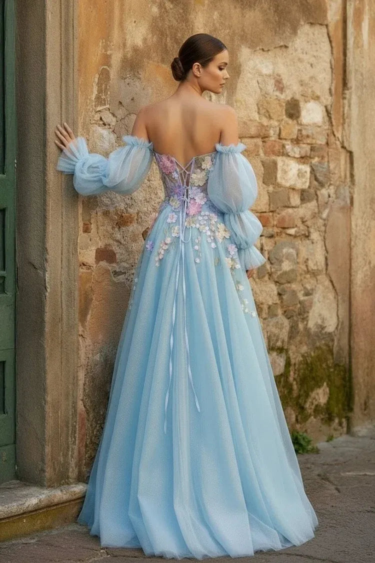 Loverlm Enchanting Lavender Tulle A-Line Sweetheart Off-Shoulder Puff-Sleeve Lace-Up Long Prom Dress