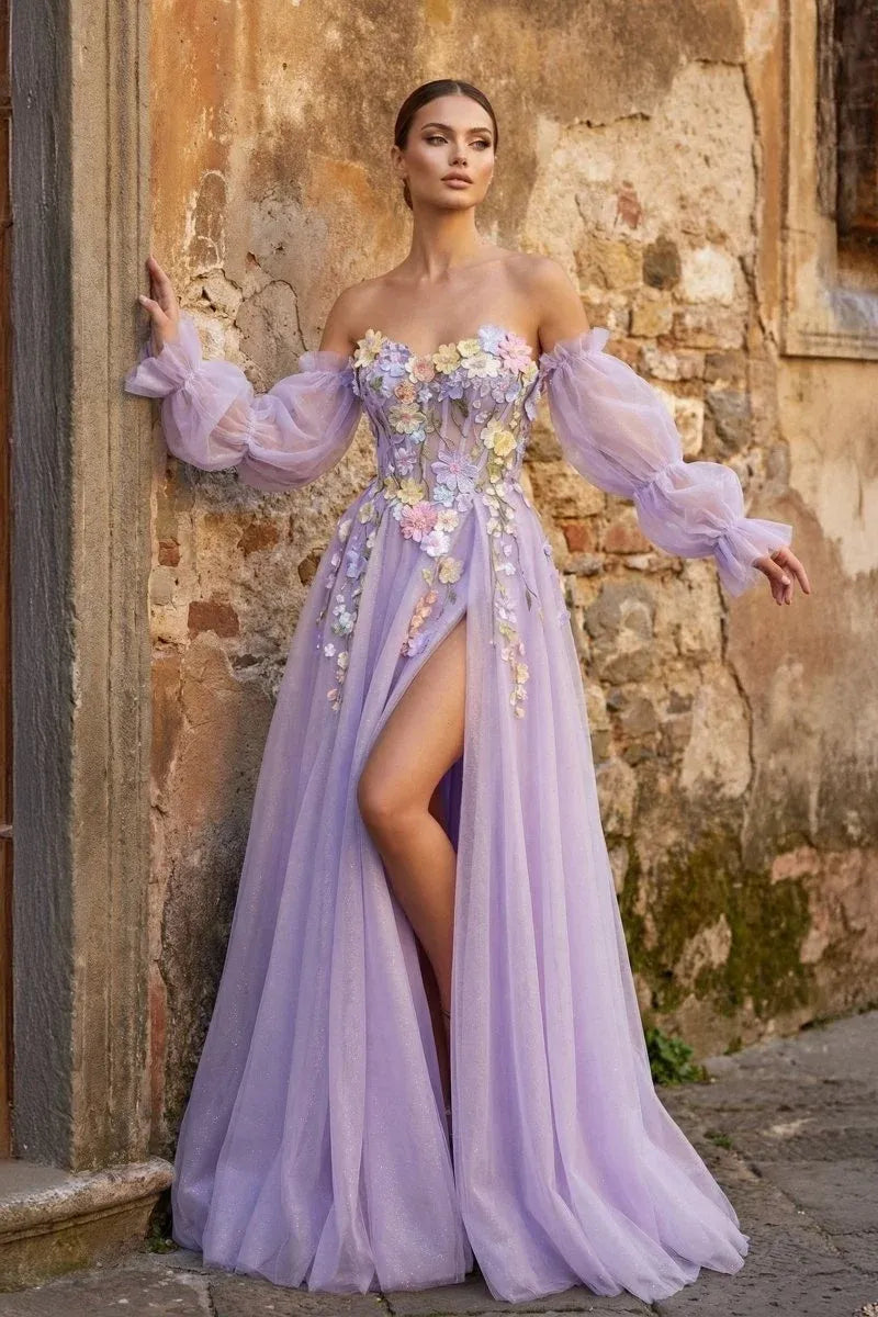 Loverlm Enchanting Lavender Tulle A-Line Sweetheart Off-Shoulder Puff-Sleeve Lace-Up Long Prom Dress