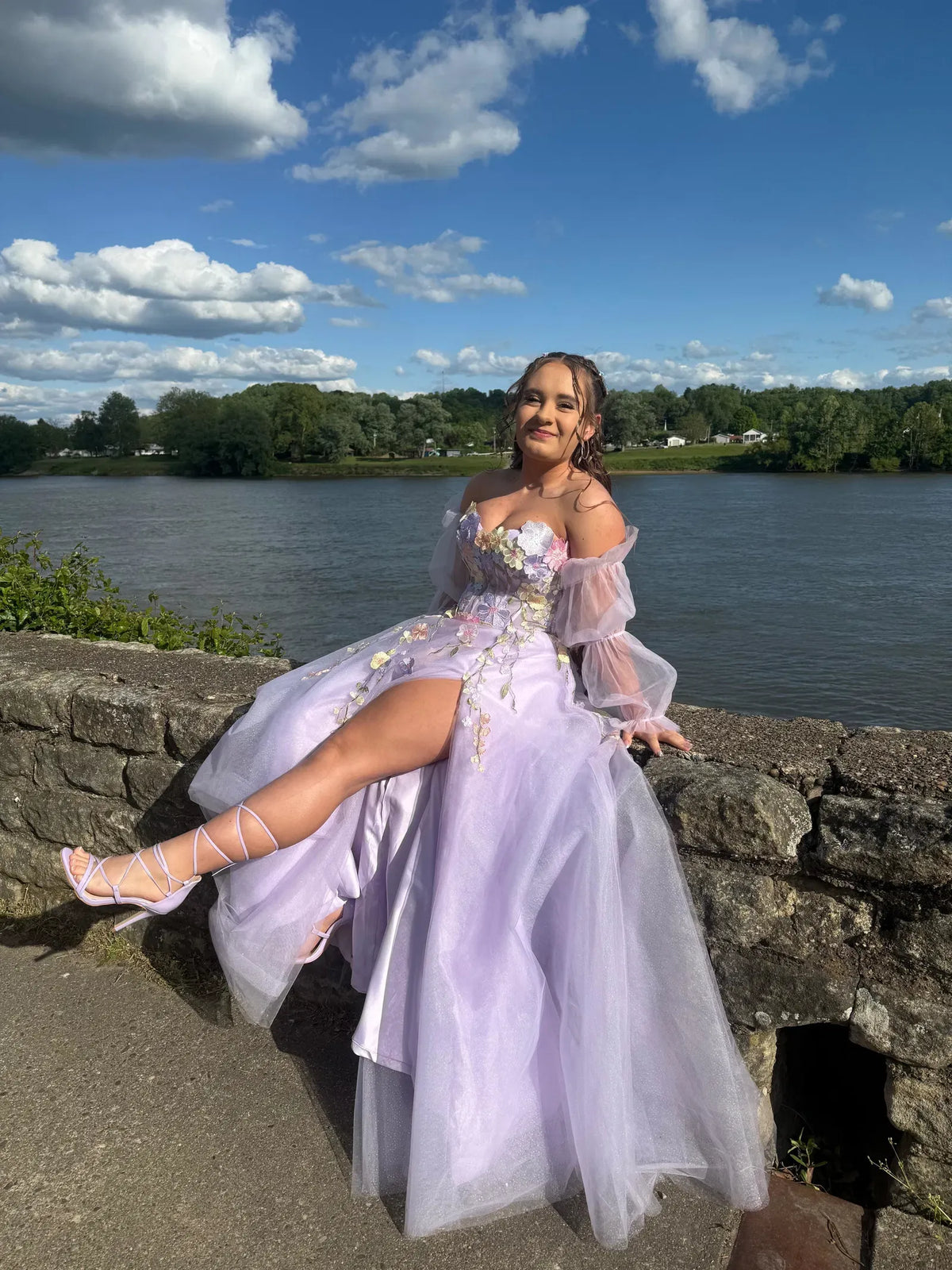 Loverlm Enchanting Lavender Tulle A-Line Sweetheart Off-Shoulder Puff-Sleeve Lace-Up Long Prom Dress