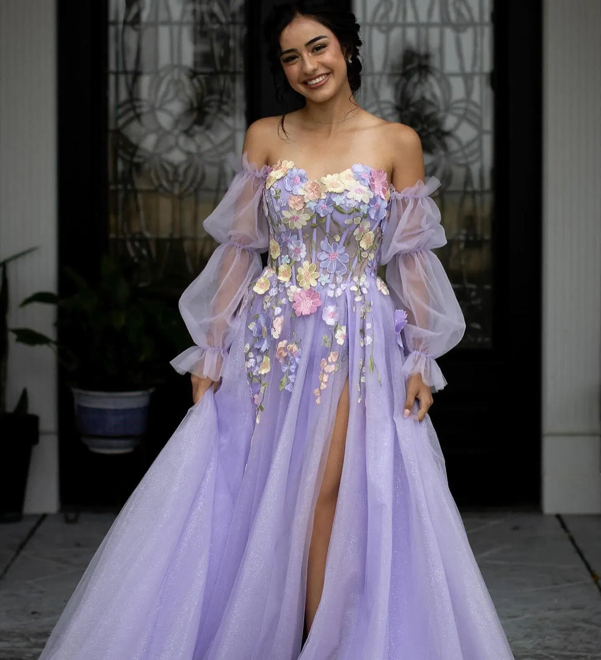Loverlm Enchanting Lavender Tulle A-Line Sweetheart Off-Shoulder Puff-Sleeve Lace-Up Long Prom Dress