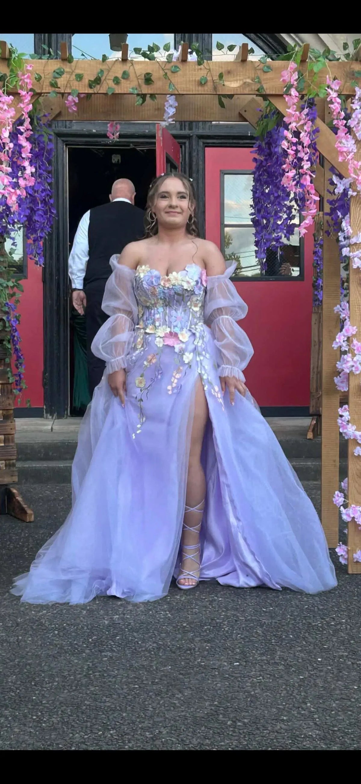 Loverlm Enchanting Lavender Tulle A-Line Sweetheart Off-Shoulder Puff-Sleeve Lace-Up Long Prom Dress