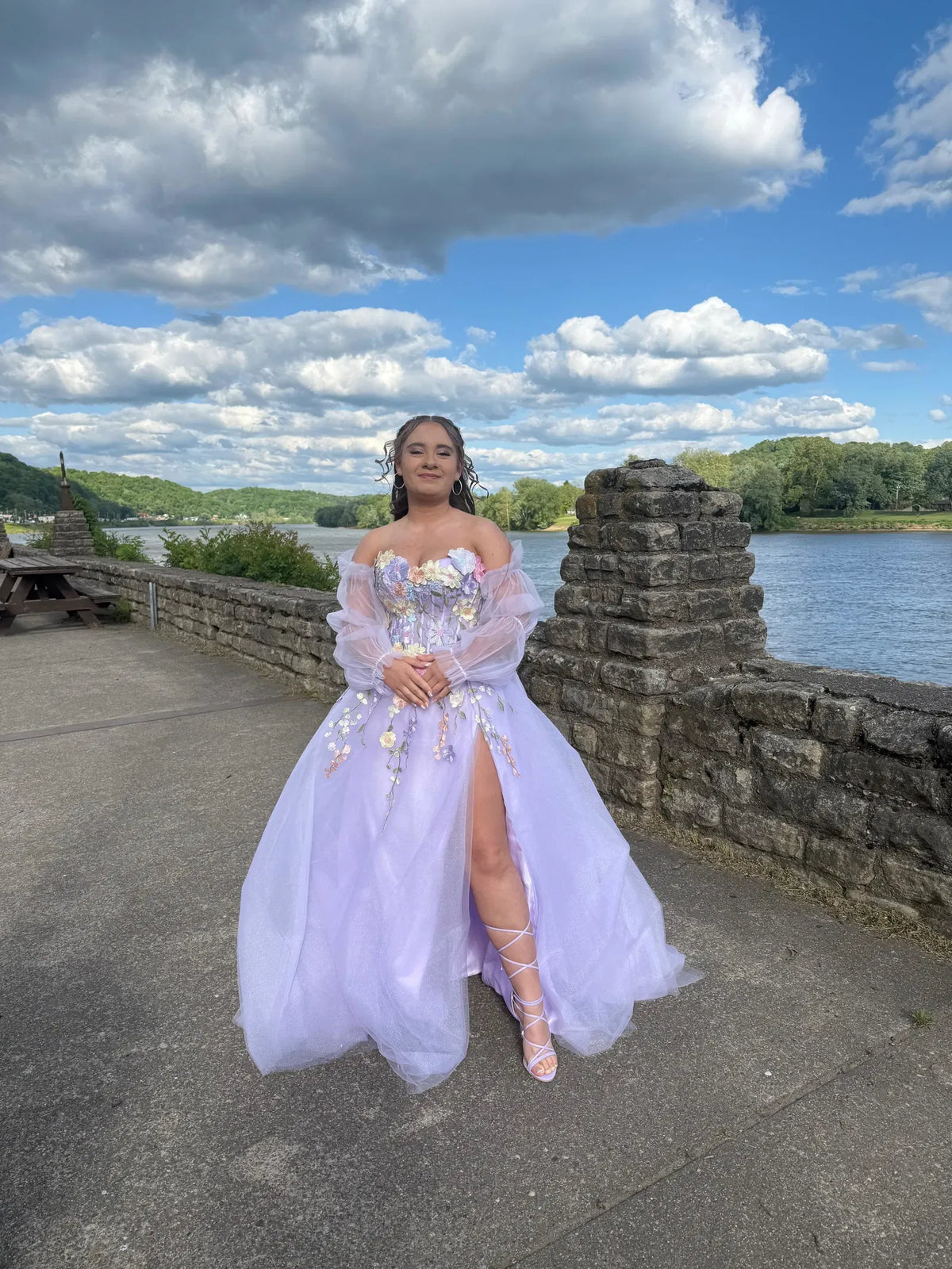 Loverlm Enchanting Lavender Tulle A-Line Sweetheart Off-Shoulder Puff-Sleeve Lace-Up Long Prom Dress