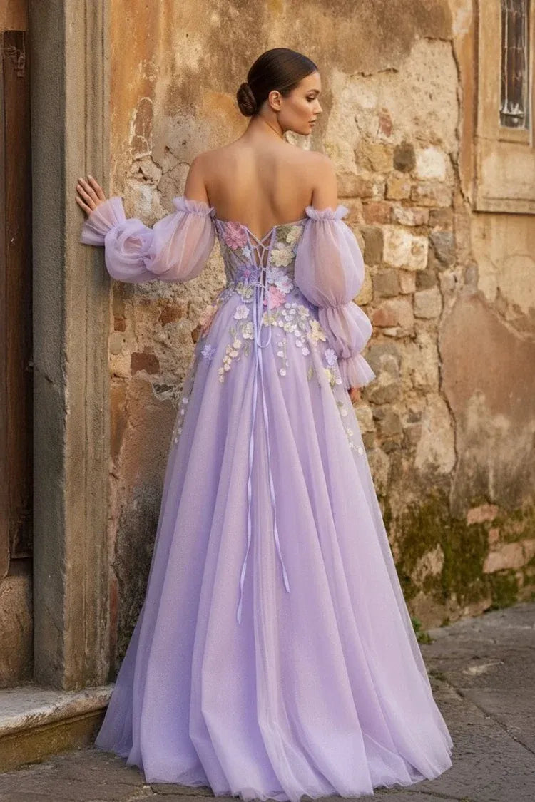 Loverlm Enchanting Lavender Tulle A-Line Sweetheart Off-Shoulder Puff-Sleeve Lace-Up Long Prom Dress