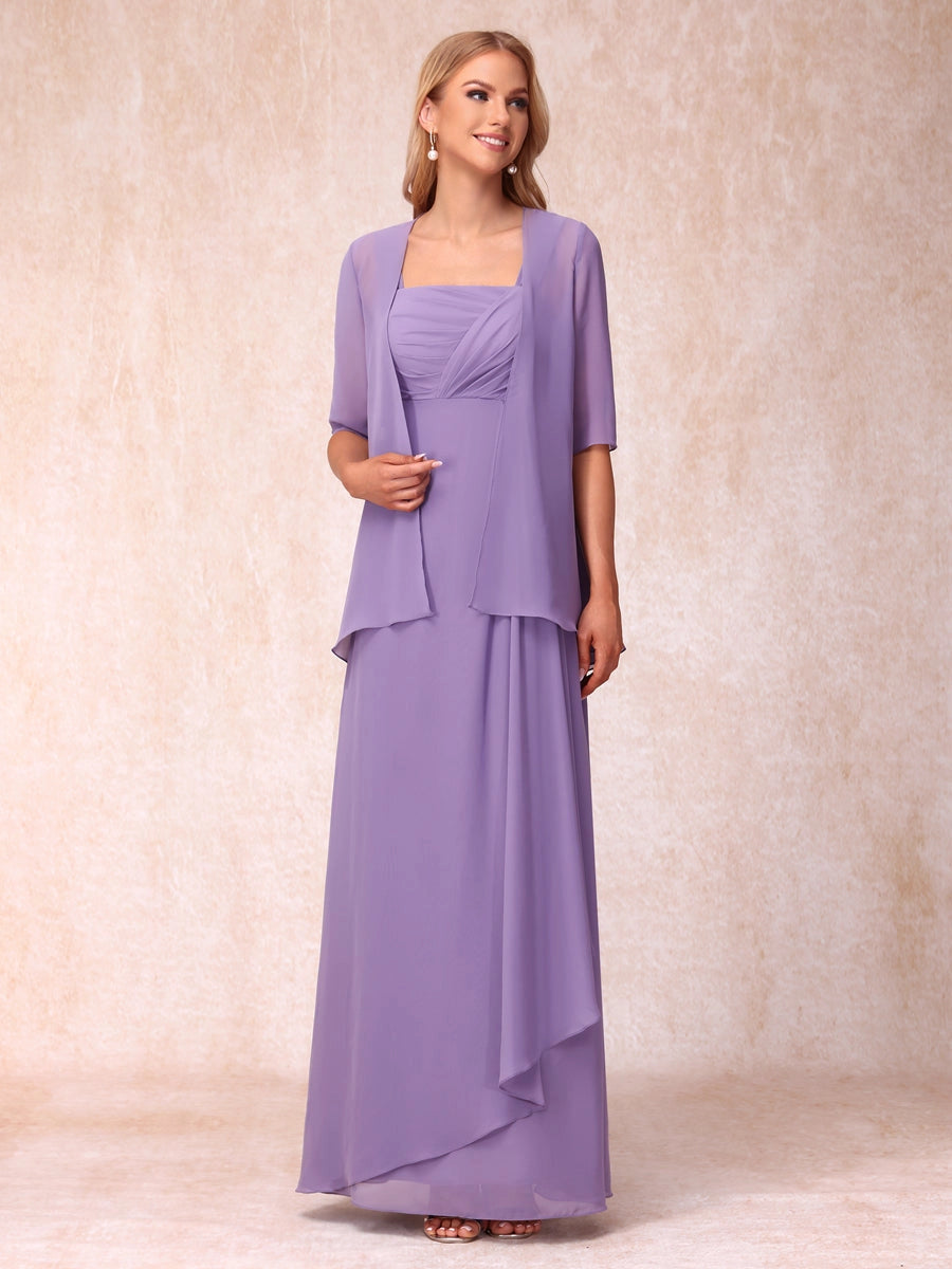 Loverlm lavender A-line mother of the bride dress front view with ruched square neckline, three-quarter sleeve chiffon jacket and layered floor-length skirt