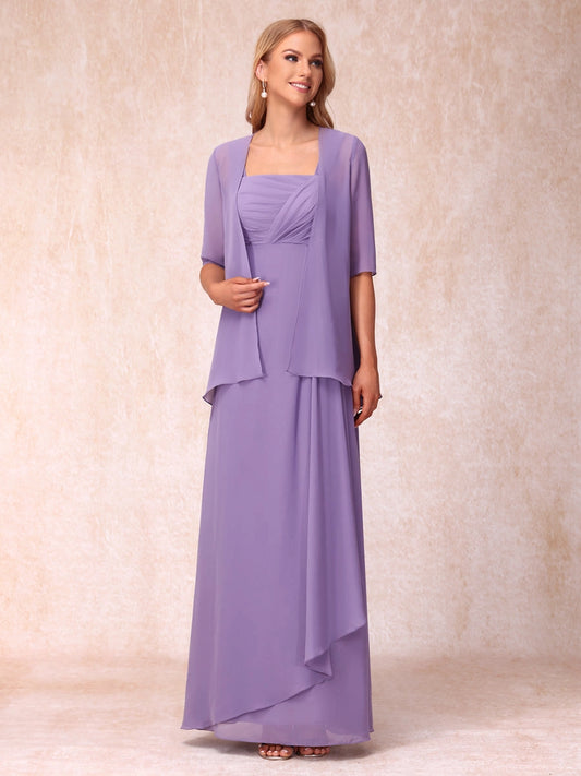 Loverlm lavender A-line mother of the bride dress front view with ruched square neckline, three-quarter sleeve chiffon jacket and layered floor-length skirt