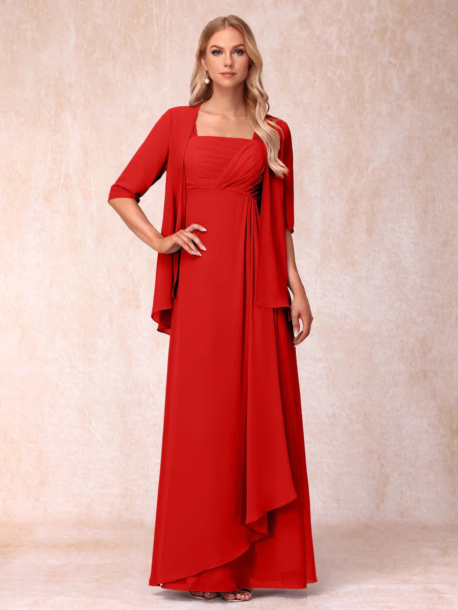 Elegant Lavender A-Line Square-Neck Three-Quarter-Sleeve Covered-Back Floor-Length Mother of the Bride Dress