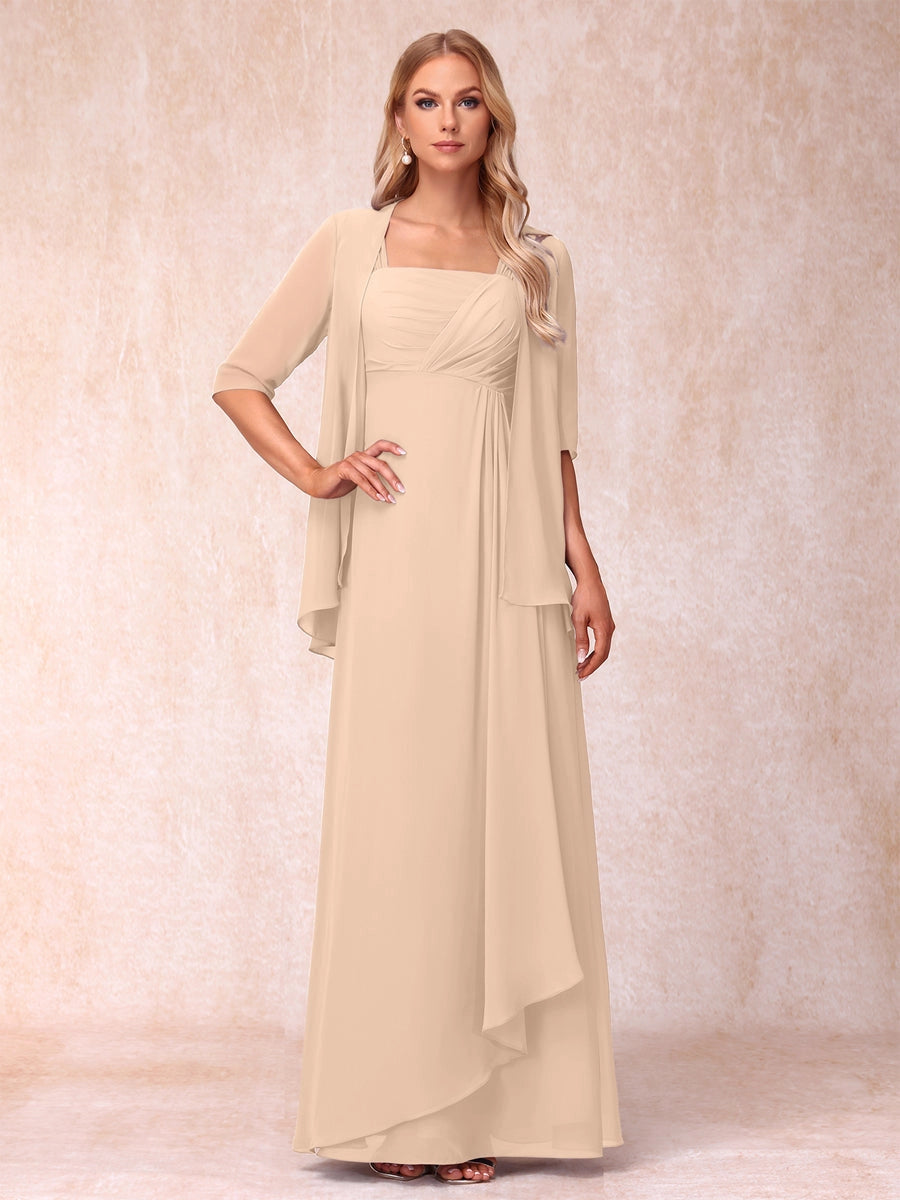 Elegant Lavender A-Line Square-Neck Three-Quarter-Sleeve Covered-Back Floor-Length Mother of the Bride Dress