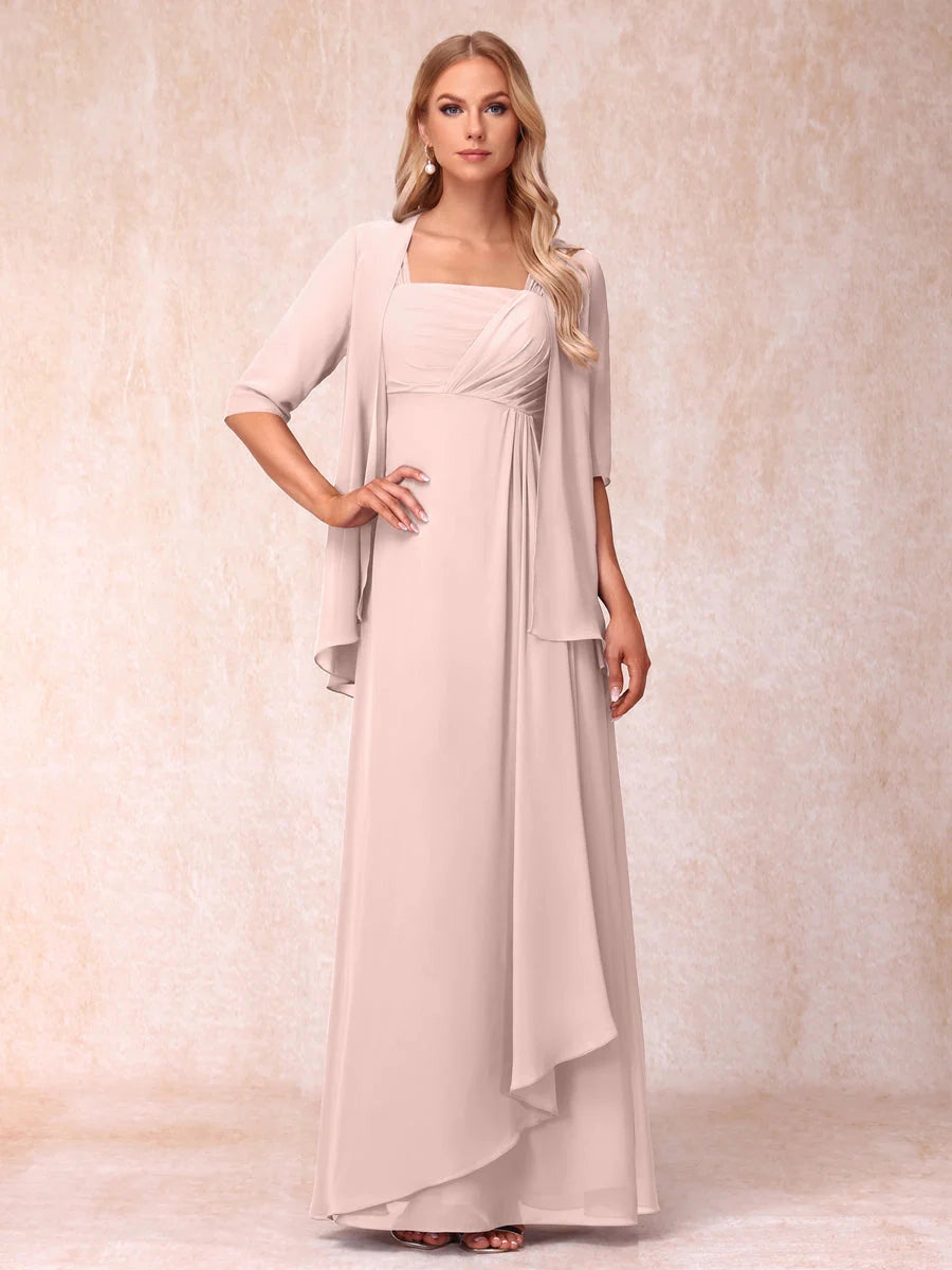 Elegant Lavender A-Line Square-Neck Three-Quarter-Sleeve Covered-Back Floor-Length Mother of the Bride Dress