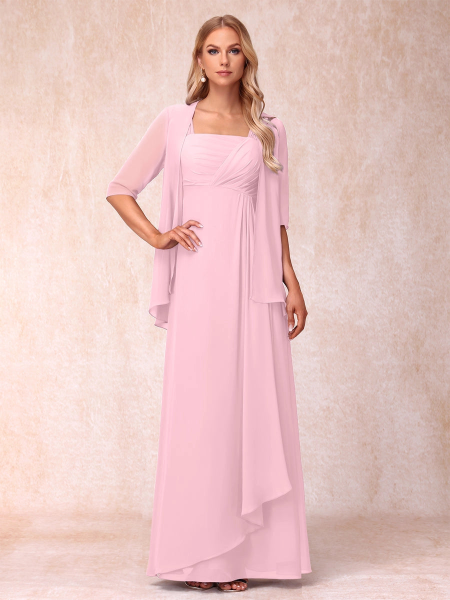 Elegant Lavender A-Line Square-Neck Three-Quarter-Sleeve Covered-Back Floor-Length Mother of the Bride Dress