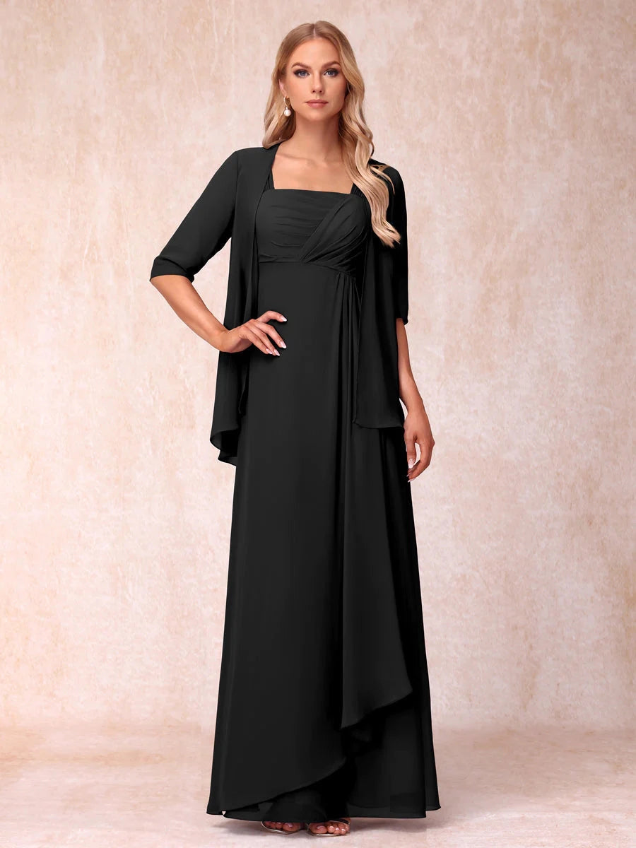 Elegant Lavender A-Line Square-Neck Three-Quarter-Sleeve Covered-Back Floor-Length Mother of the Bride Dress