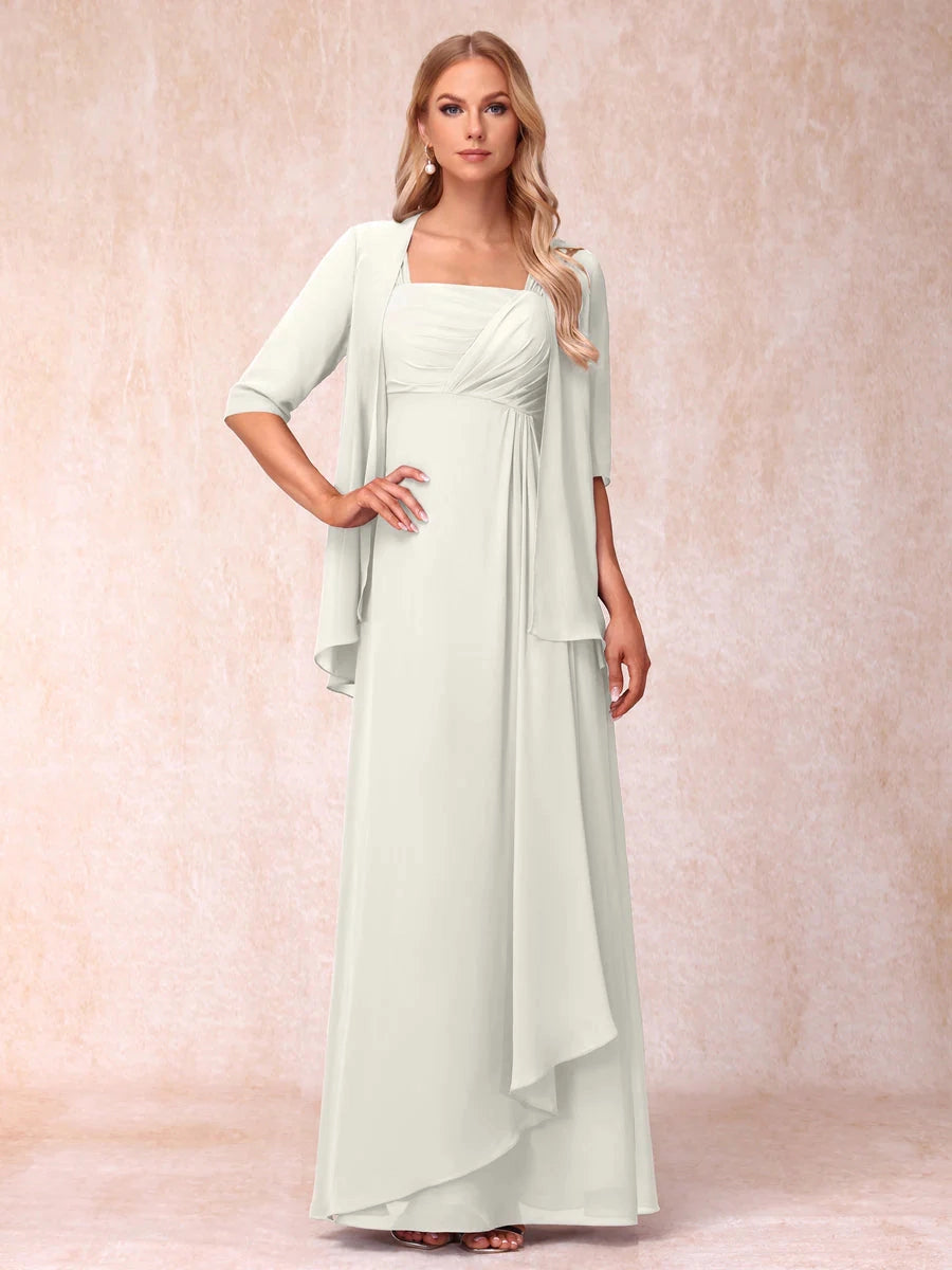 Elegant Lavender A-Line Square-Neck Three-Quarter-Sleeve Covered-Back Floor-Length Mother of the Bride Dress