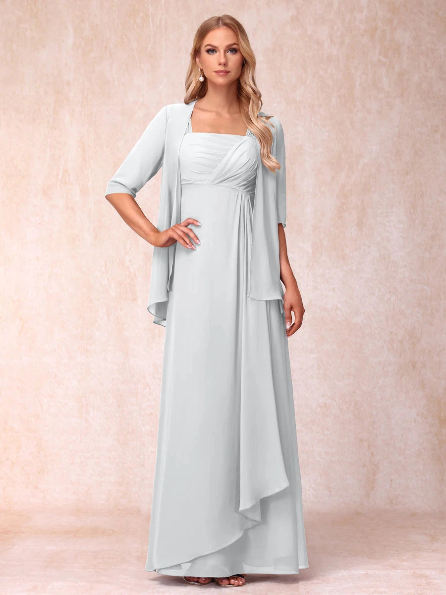 Elegant Lavender A-Line Square-Neck Three-Quarter-Sleeve Covered-Back Floor-Length Mother of the Bride Dress