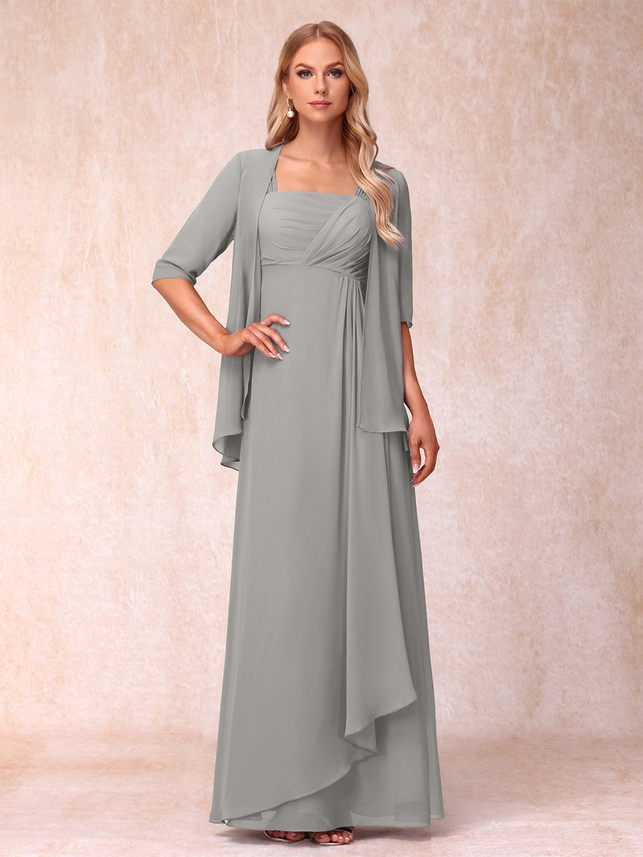 Elegant Lavender A-Line Square-Neck Three-Quarter-Sleeve Covered-Back Floor-Length Mother of the Bride Dress