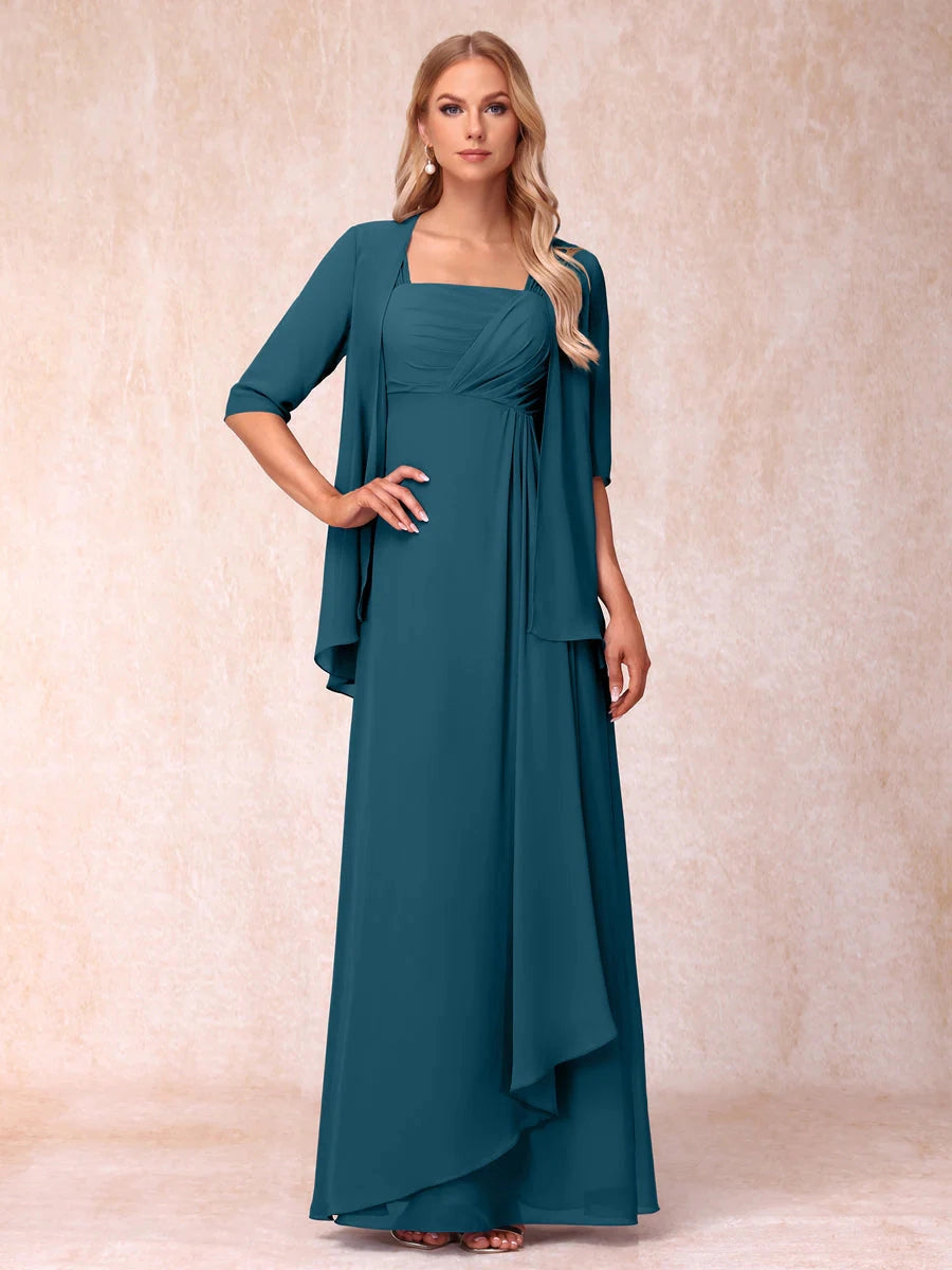 Elegant Lavender A-Line Square-Neck Three-Quarter-Sleeve Covered-Back Floor-Length Mother of the Bride Dress