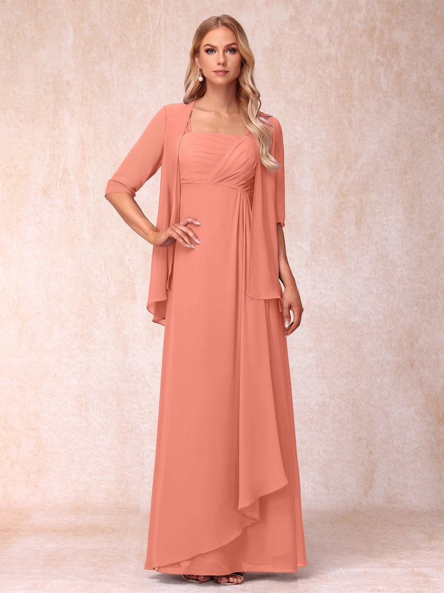 Elegant Lavender A-Line Square-Neck Three-Quarter-Sleeve Covered-Back Floor-Length Mother of the Bride Dress