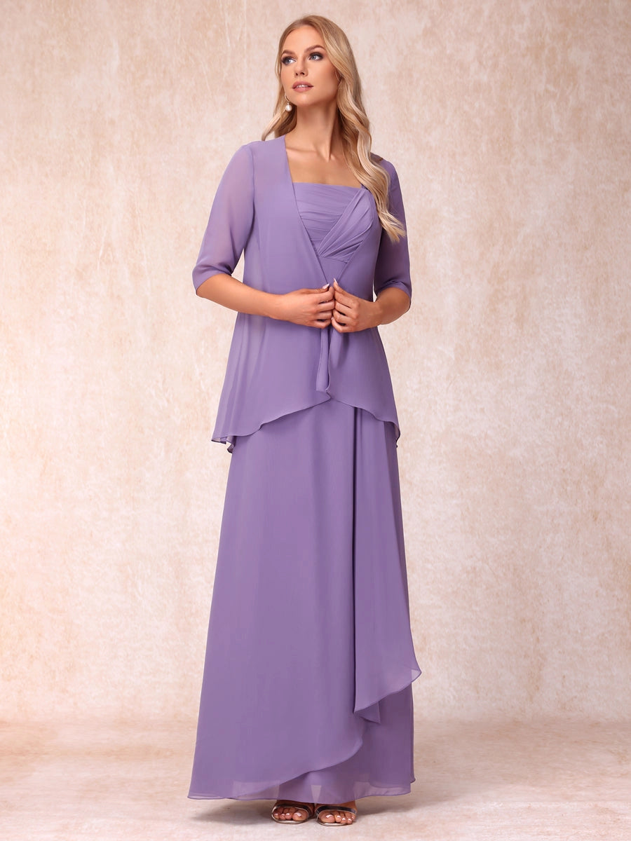 Elegant Lavender A-Line Square-Neck Three-Quarter-Sleeve Covered-Back Floor-Length Mother of the Bride Dress