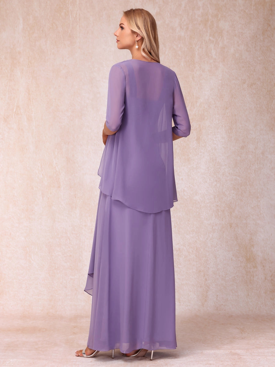 Elegant Lavender A-Line Square-Neck Three-Quarter-Sleeve Covered-Back Floor-Length Mother of the Bride Dress