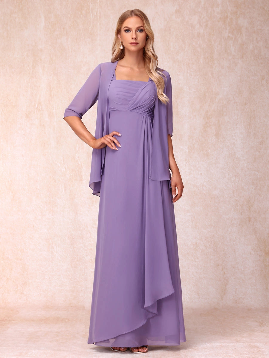 Elegant Lavender A-Line Square-Neck Three-Quarter-Sleeve Covered-Back Floor-Length Mother of the Bride Dress