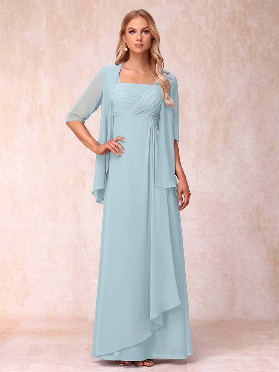 Elegant Lavender A-Line Square-Neck Three-Quarter-Sleeve Covered-Back Floor-Length Mother of the Bride Dress