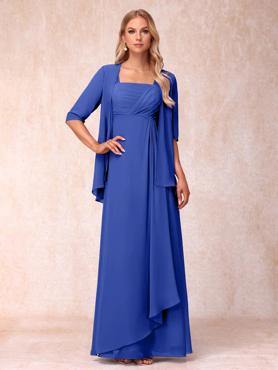 Elegant Lavender A-Line Square-Neck Three-Quarter-Sleeve Covered-Back Floor-Length Mother of the Bride Dress