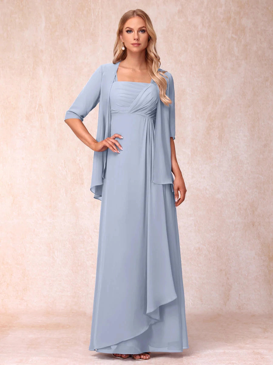 Elegant Lavender A-Line Square-Neck Three-Quarter-Sleeve Covered-Back Floor-Length Mother of the Bride Dress