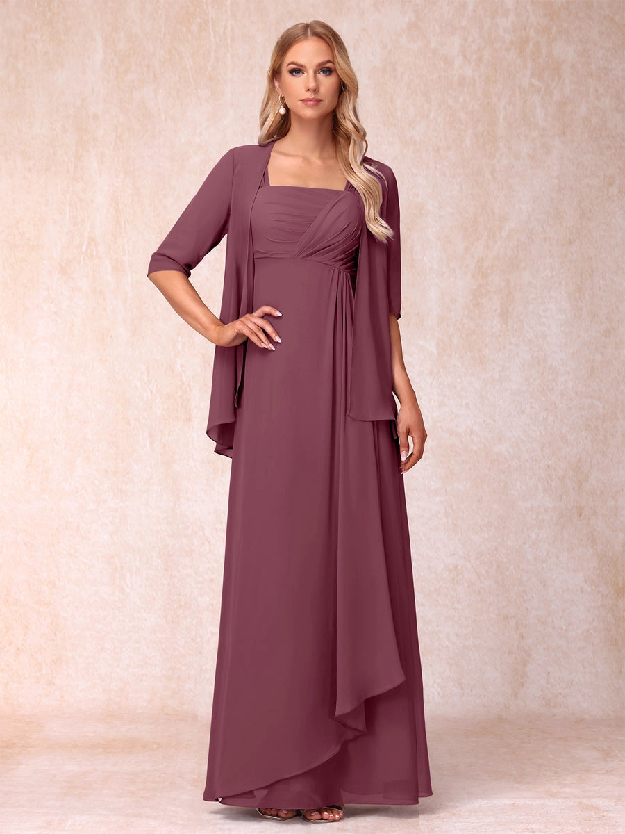 Elegant Lavender A-Line Square-Neck Three-Quarter-Sleeve Covered-Back Floor-Length Mother of the Bride Dress