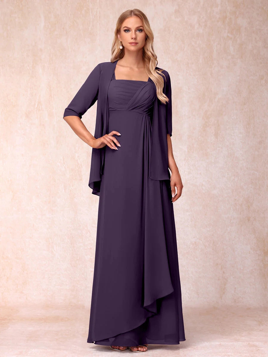 Elegant Lavender A-Line Square-Neck Three-Quarter-Sleeve Covered-Back Floor-Length Mother of the Bride Dress