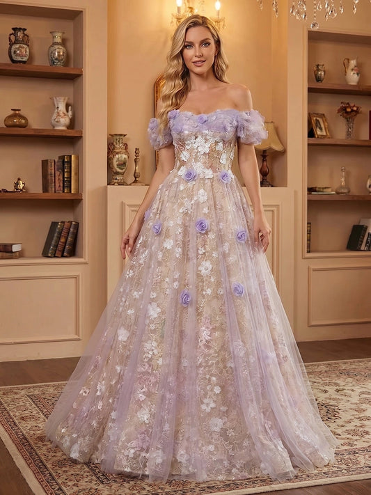 Loverlm lavender floral lace off shoulder corset A-line floor length prom dress front view