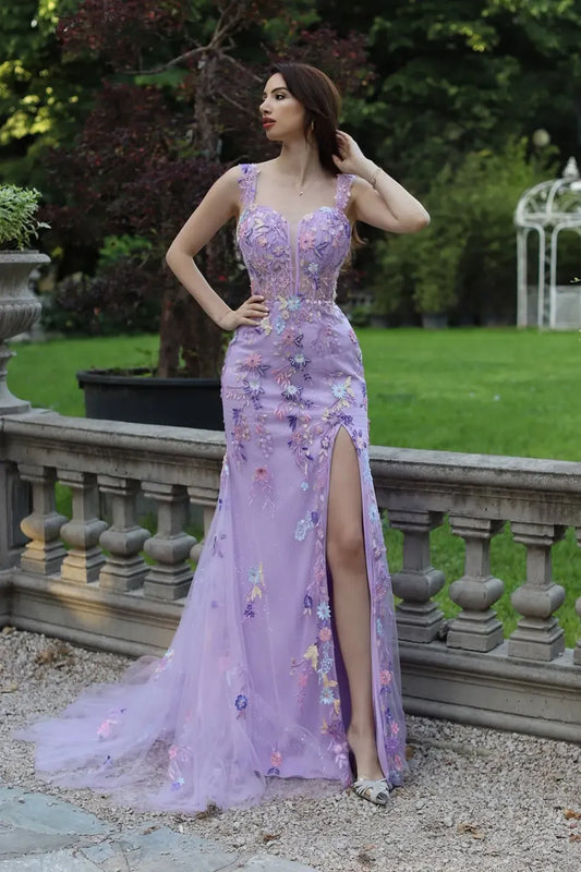 Loverlm lavender floral mermaid prom dress with plunging sweetheart neckline, embroidered bodice, thigh-high slit and flowing train, front view