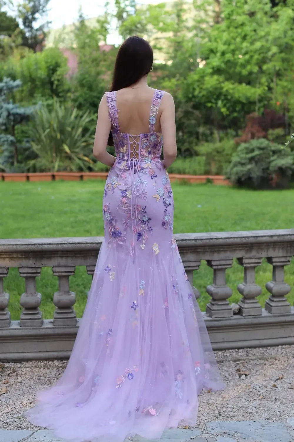 Romantic Floral Mermaid Plunging Sweetheart Sleeveless Lace-Up Floor-Length Prom Dress